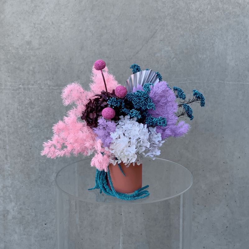 colourful preserved dried bouquet with pinks, purples and blue Amaranthus