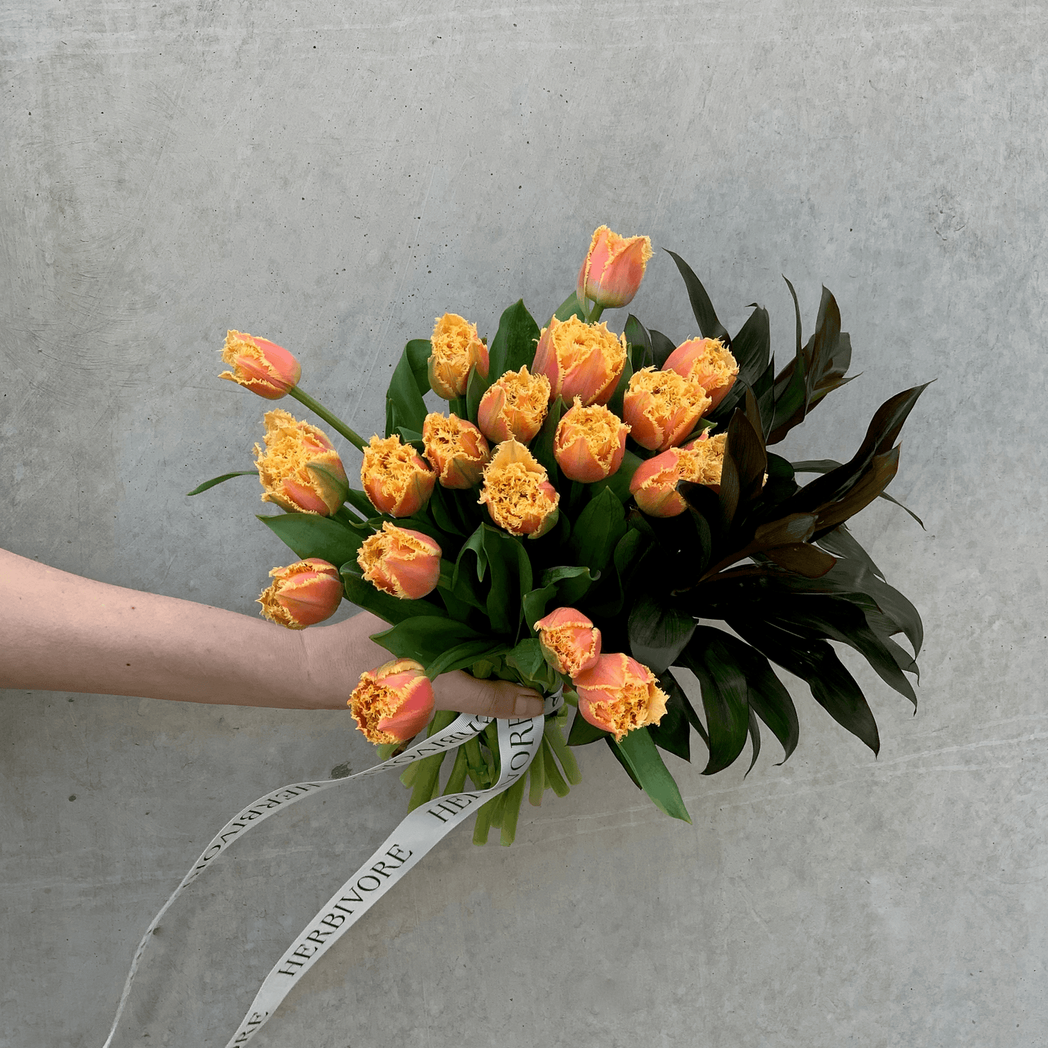 Large bouquet of orange tulips gift wrapped